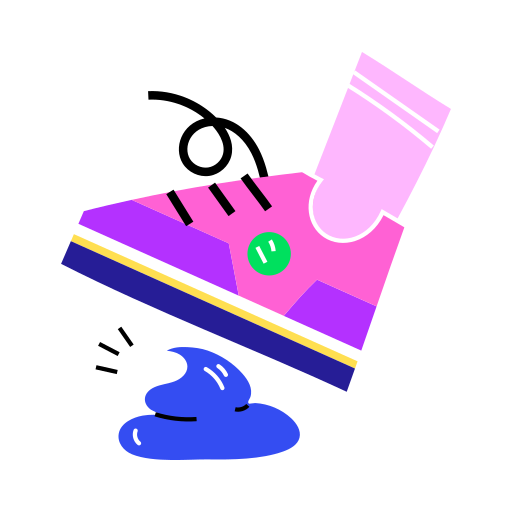 Clip art of pink and purple lace up shoe with pink socks stepping on a blue pile of poo with stinky / shock marks